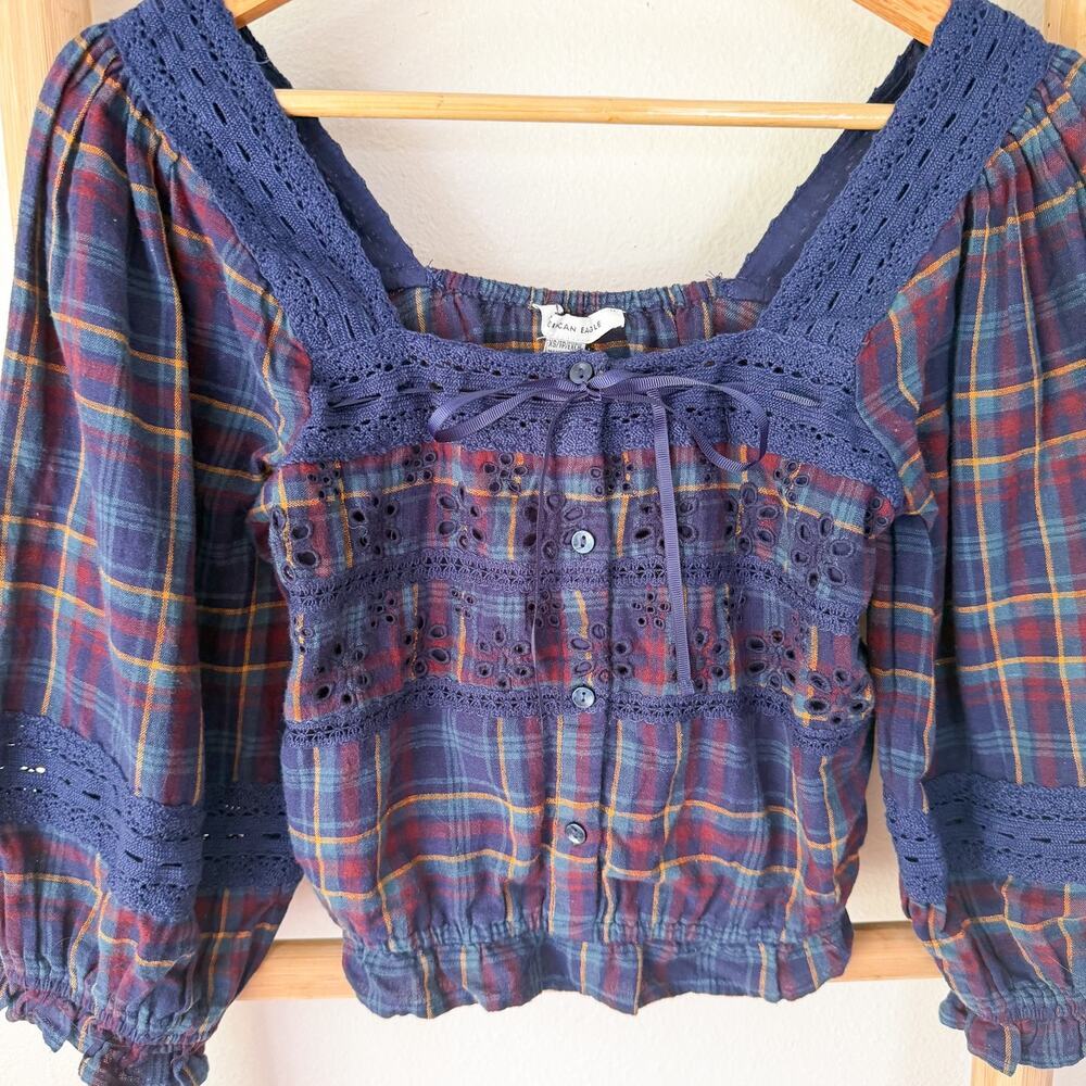 NWT American Eagle Navy Plaid Lace Trim Puff Sleeve Peasant Top XS Cottagecore - Picture 4 of 8